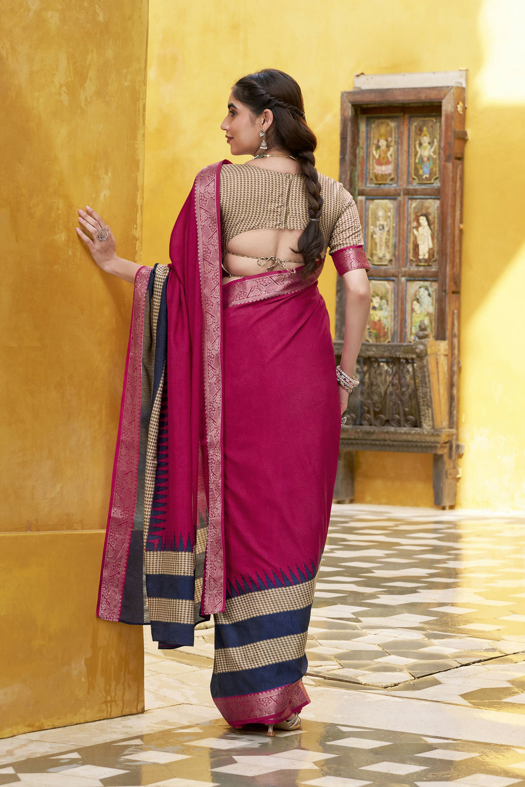 Vastranavya Pink Printed with Zari Weaving Work Poly Cotton Saree & Unstitched Blouse - Distacart