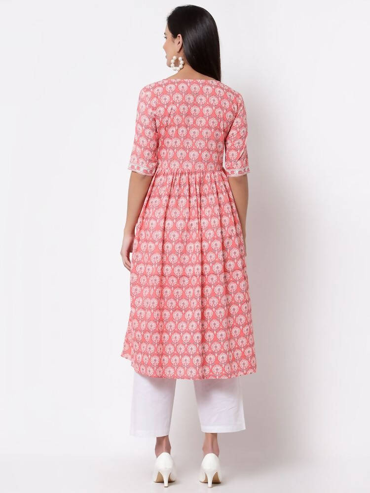 Myshka Women's Pink Printed 3/4 Sleeve Cotton Round Neck Dress