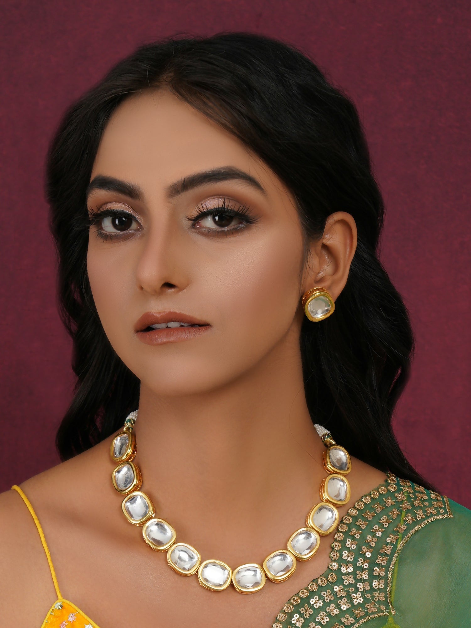 Kundan Choker with Studs Jewellery Set (Gold) - Ruby Raang