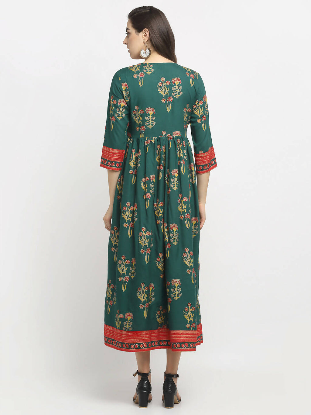 Rudra Bazaar Green Yoke Designed Flared Ethnic Kurta - Distacart