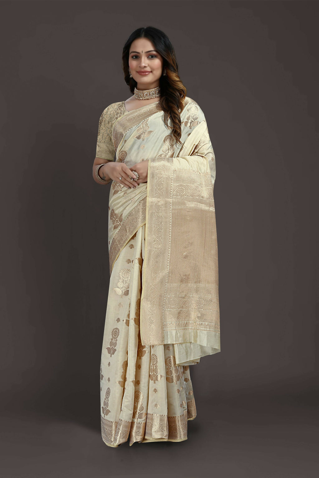 Off White Pure Raw Silk Zari Woven Saree with Unstitched Blouse Piece - Alisha