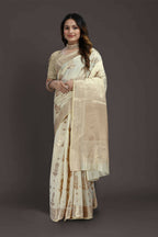 Off White Pure Raw Silk Zari Woven Saree with Unstitched Blouse Piece - Alisha