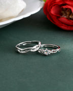 VOJ Stainless Steel Cubic Zirconia Silver Plated Adjustable Ring Set for Couple