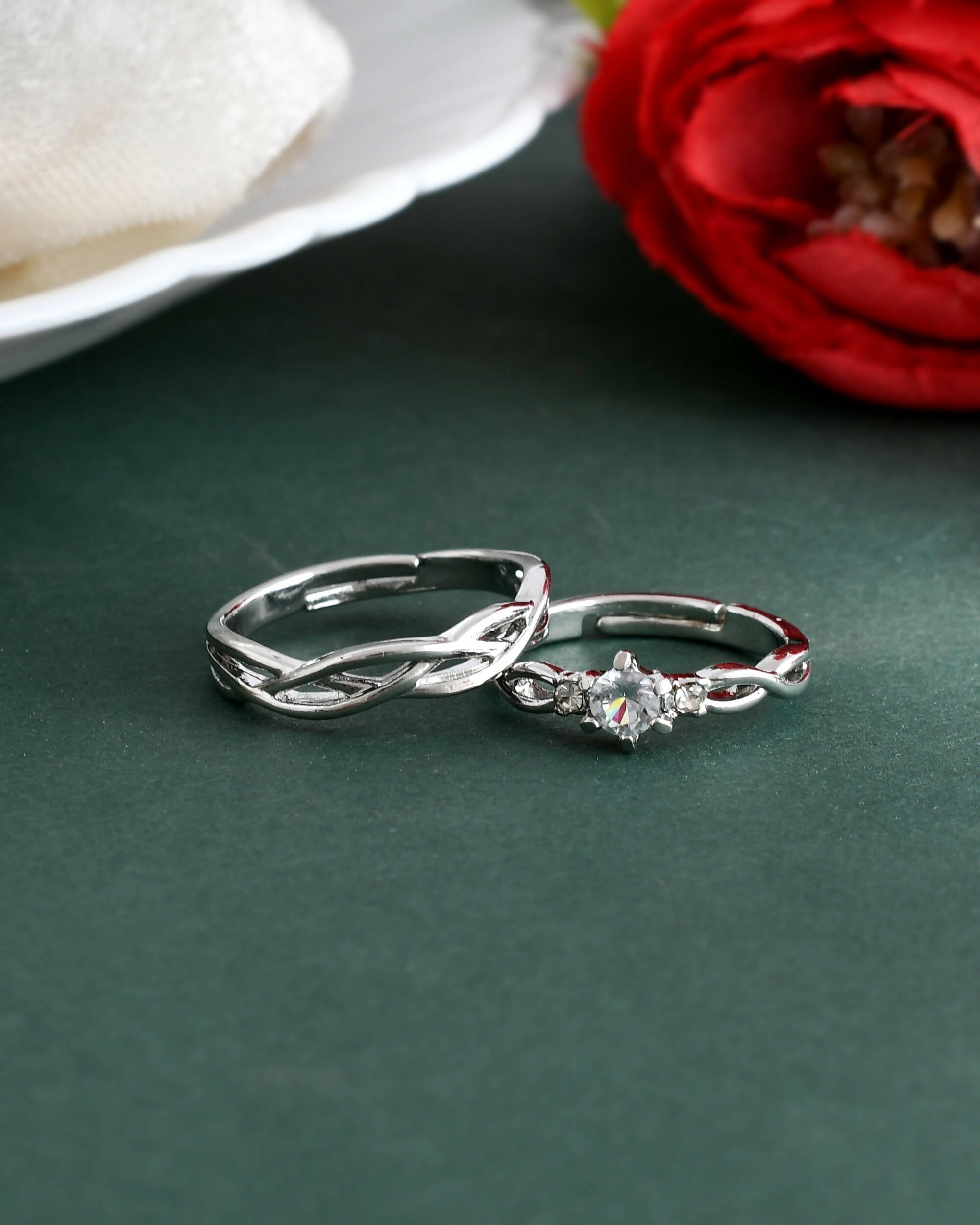 VOJ Stainless Steel Cubic Zirconia Silver Plated Adjustable Ring Set for Couple
