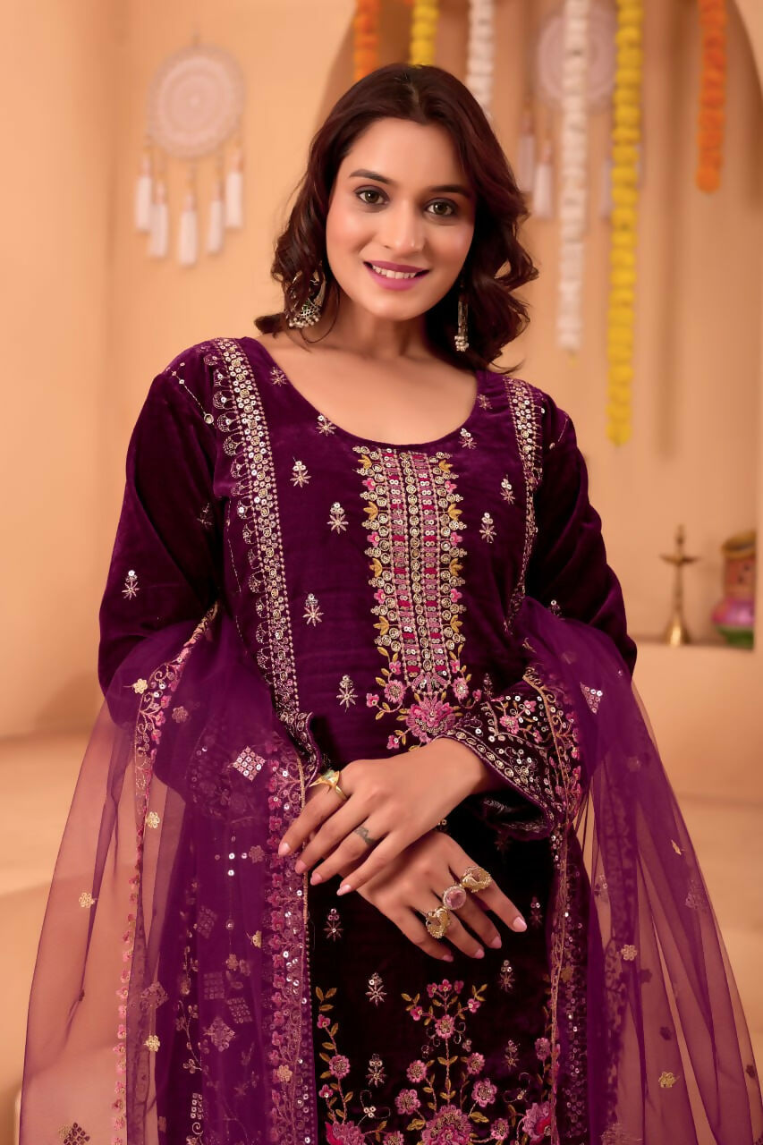 Joban Fashion Purple Kurta Set Velvet Embroidery Sequence Work - Distacart