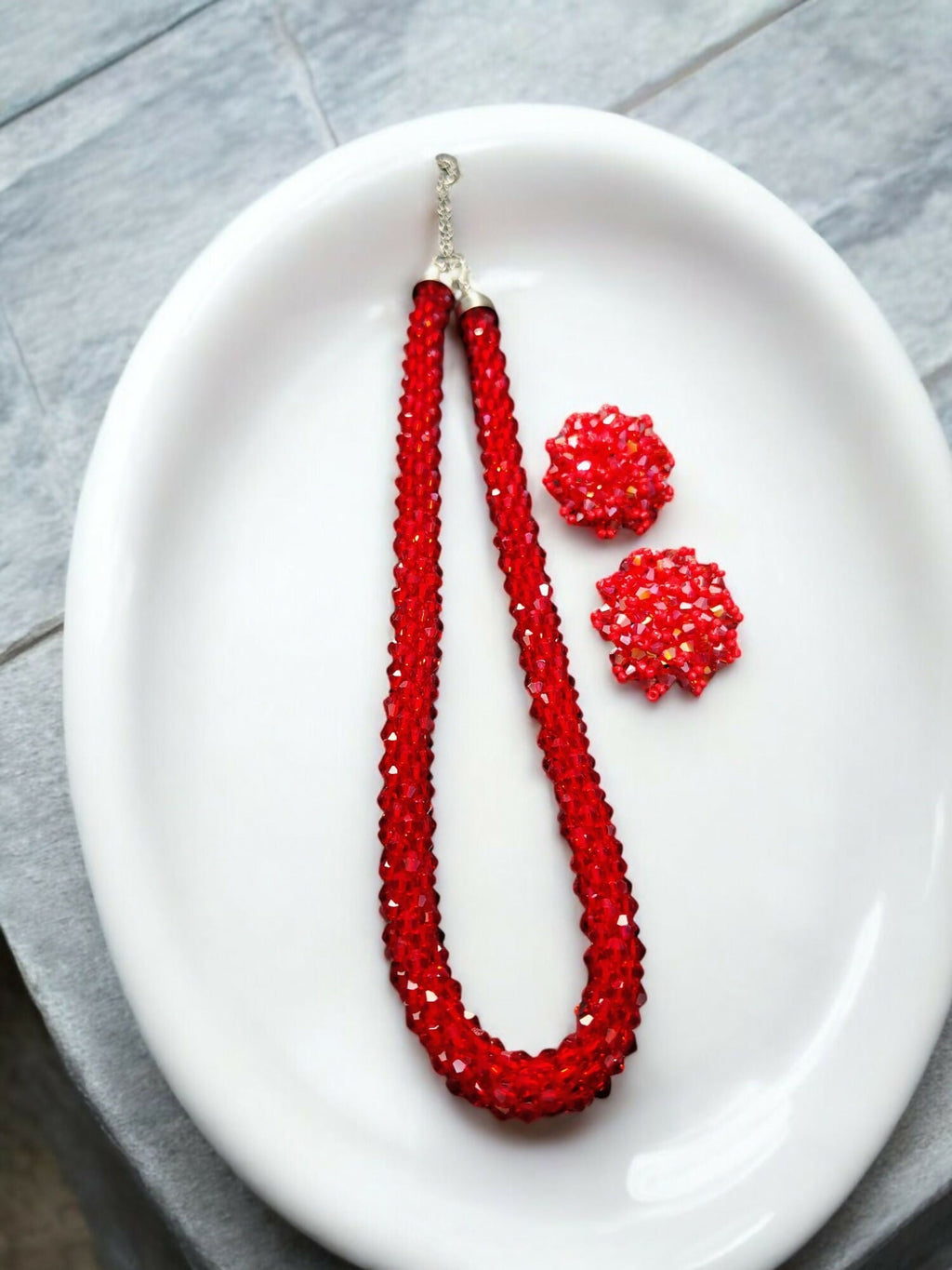 Inhanns Noor-E-Jalwa – Handmade Crystal Bead Necklace / Necklace With Earrings -Adjustable - Red