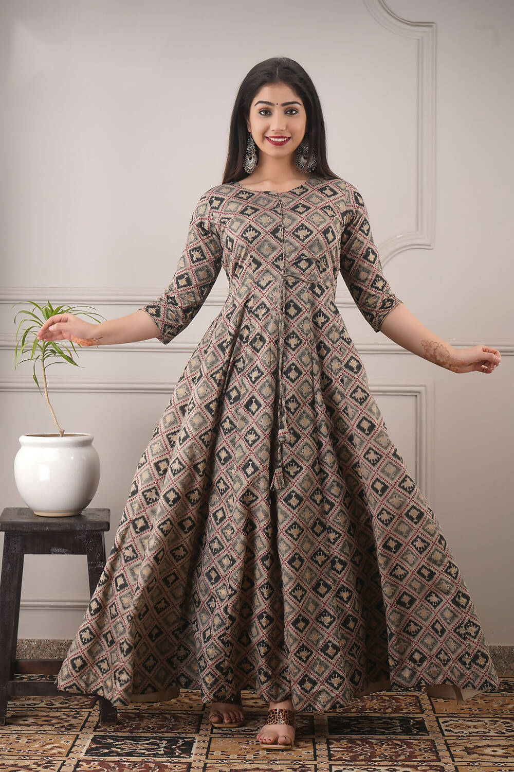 Partywear Designer Hand Screen and Foil Print Multi Pure chanderi Gown - Anbazaar - Distacart