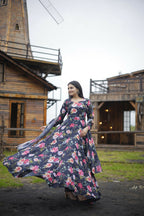 Aayaa Designer Printed Georgette Full Flare Gown With Dupatta - Multi Color - Distacart