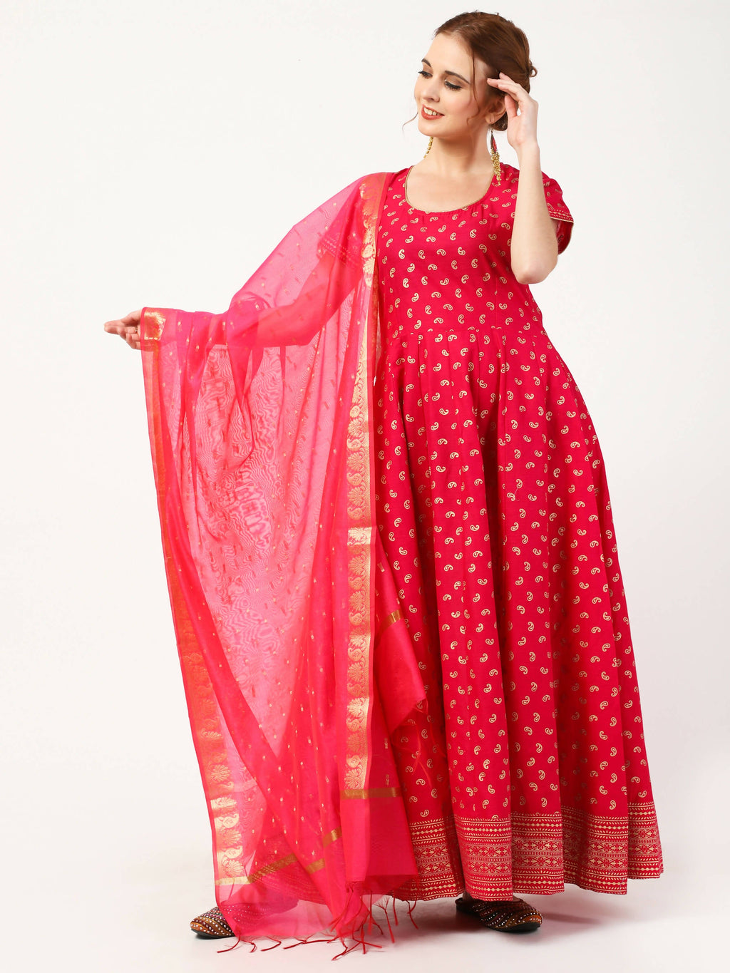 Cheera Women's Deep Pink Cotton & Silk Hand Block Print Long Dress With Silk Dupatta Set