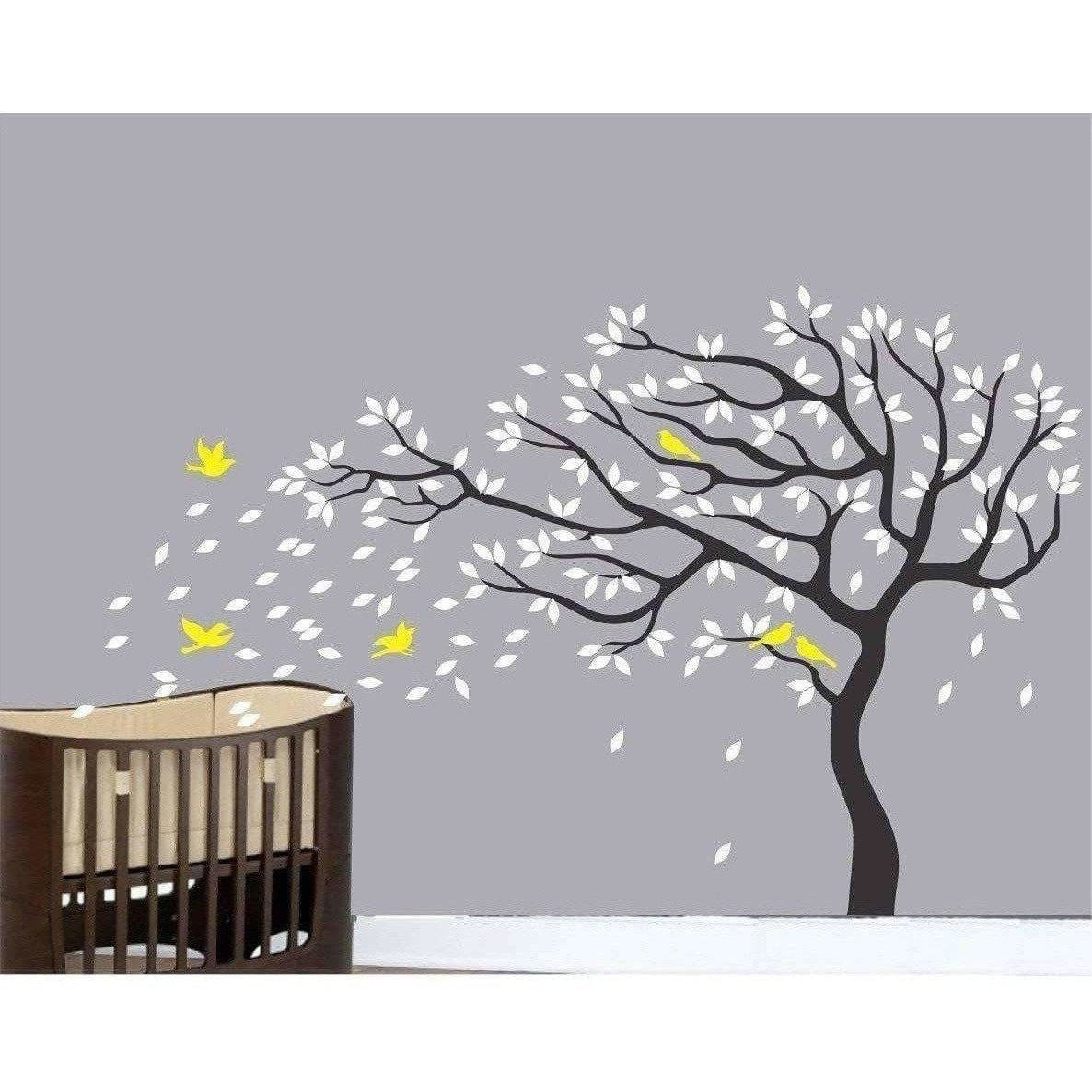 Big Beautiful Black Tree White Leaves Yellow Birds - Distacart