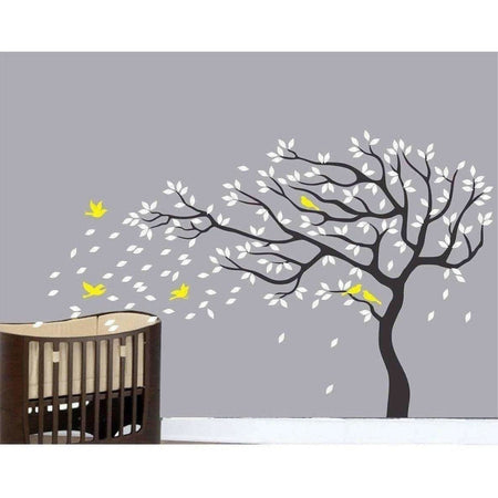 Big Beautiful Black Tree White Leaves Yellow Birds