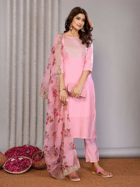 Joban Fashion Women Light Pink Roman Embroidery Stitched Kurta Set