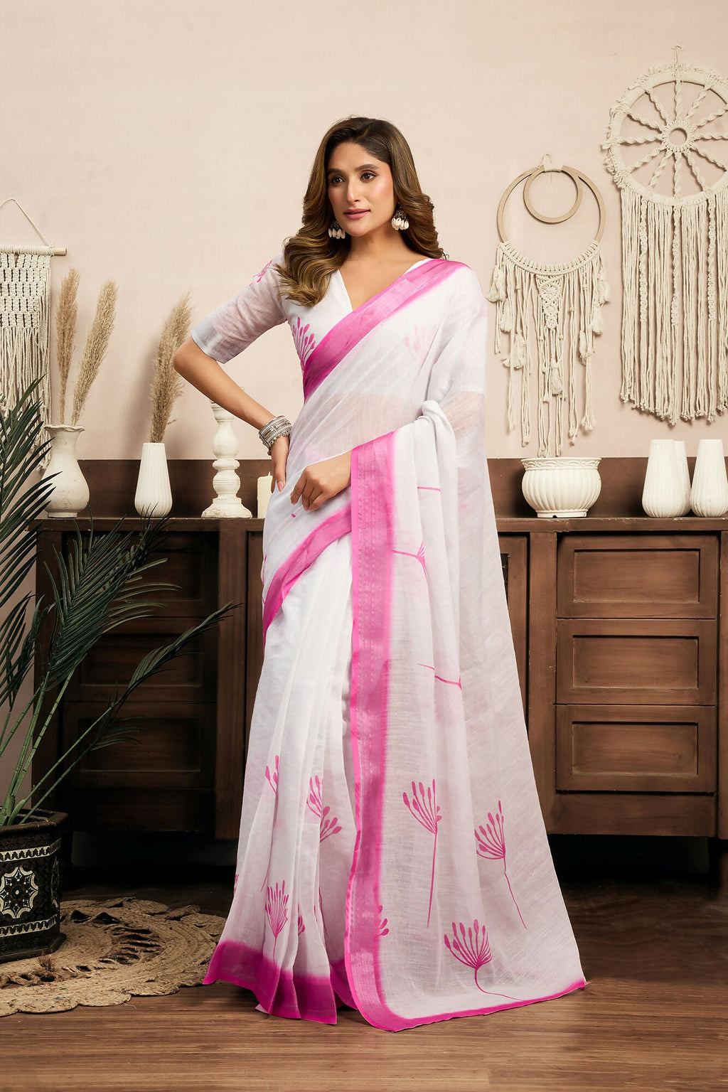 Vastranavya White Digital Printed Linen Ready To Wear Designer Saree with Unstitched Blouse - Distacart