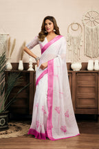 Vastranavya White Digital Printed Linen Ready To Wear Designer Saree with Unstitched Blouse - Distacart