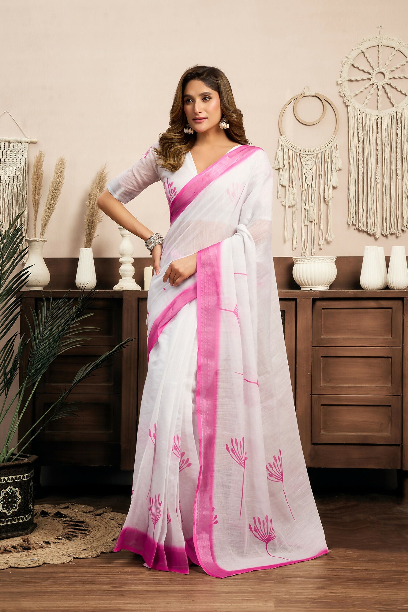 Vastranavya White Digital Printed Linen Ready To Wear Designer Saree with Unstitched Blouse - Distacart