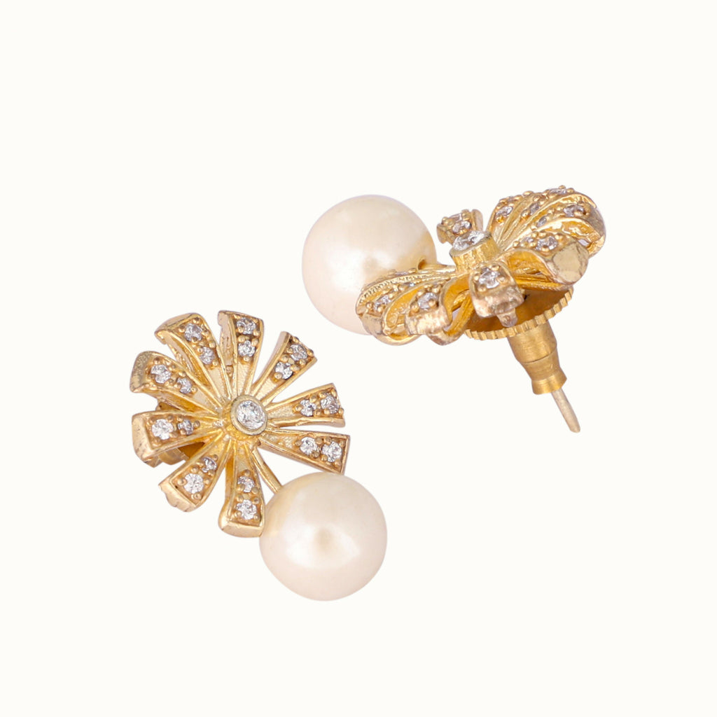 Nuyug 22K Gold-Plated Pearl Drop Zircon Floral Shaped Mini Stud Earrings - Distacart