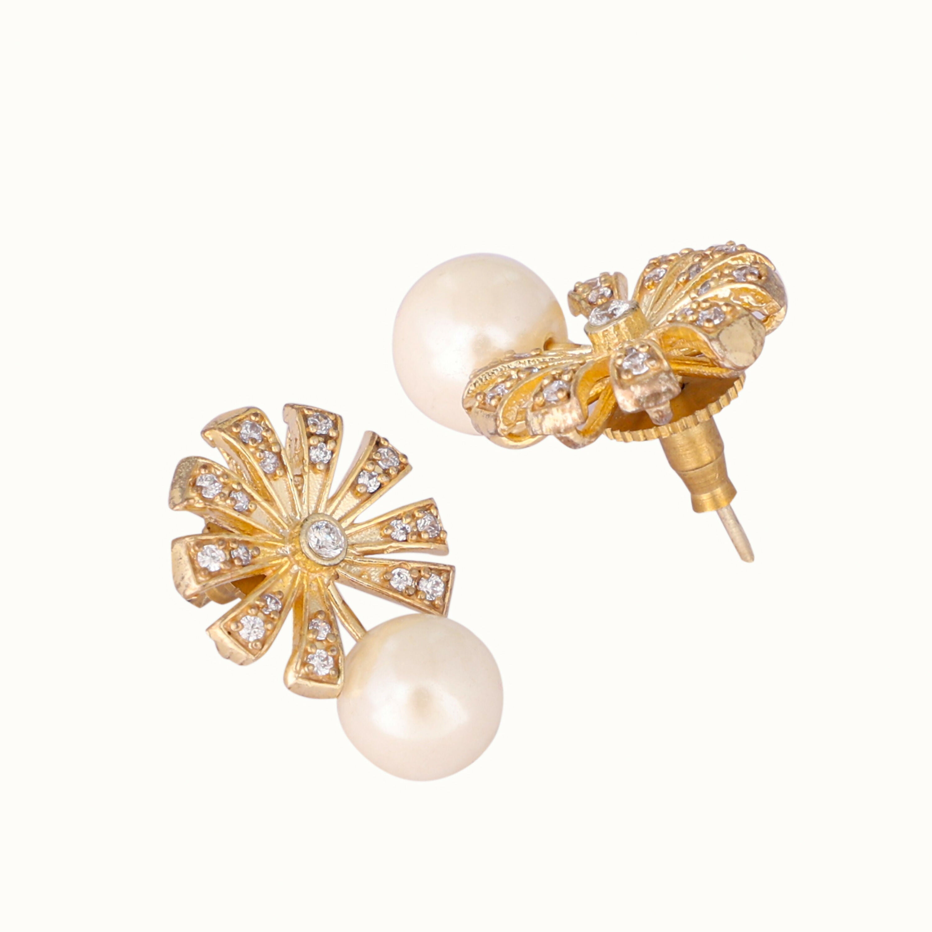 Nuyug 22K Gold-Plated Pearl Drop Zircon Floral Shaped Mini Stud Earrings - Distacart