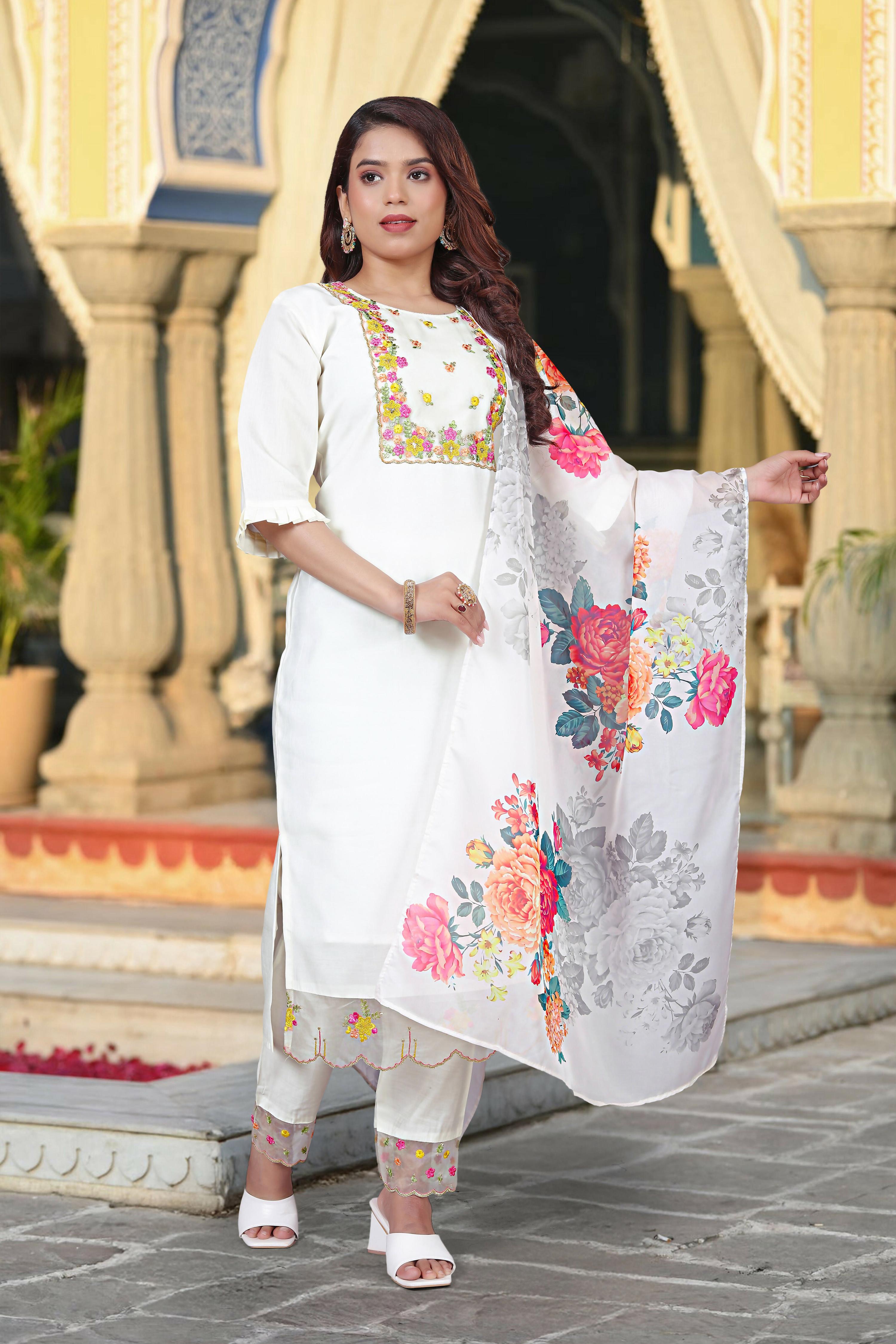 The52 Women's Beautiful Chanderi Fabric Embroidery Work Straight Kurta Pant and Dupatta Set - Distacart