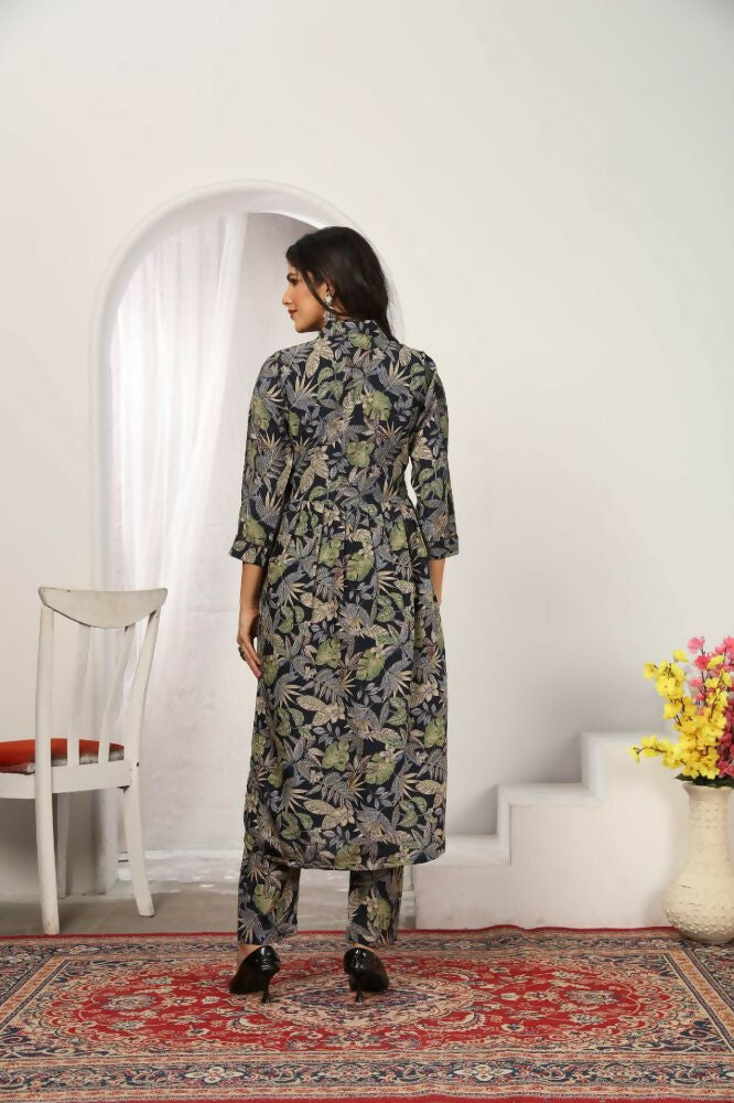 Jyoti Fashion Women's Black Chanderi Silk Floral Print with Side Pocket Kurtis & Sets