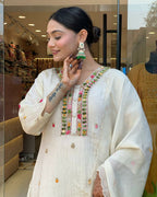 The52 Off White Women's Gorgeous Chinon Fabric Embroidered Work Straight Kurta Pant and Dupatta Set - Distacart