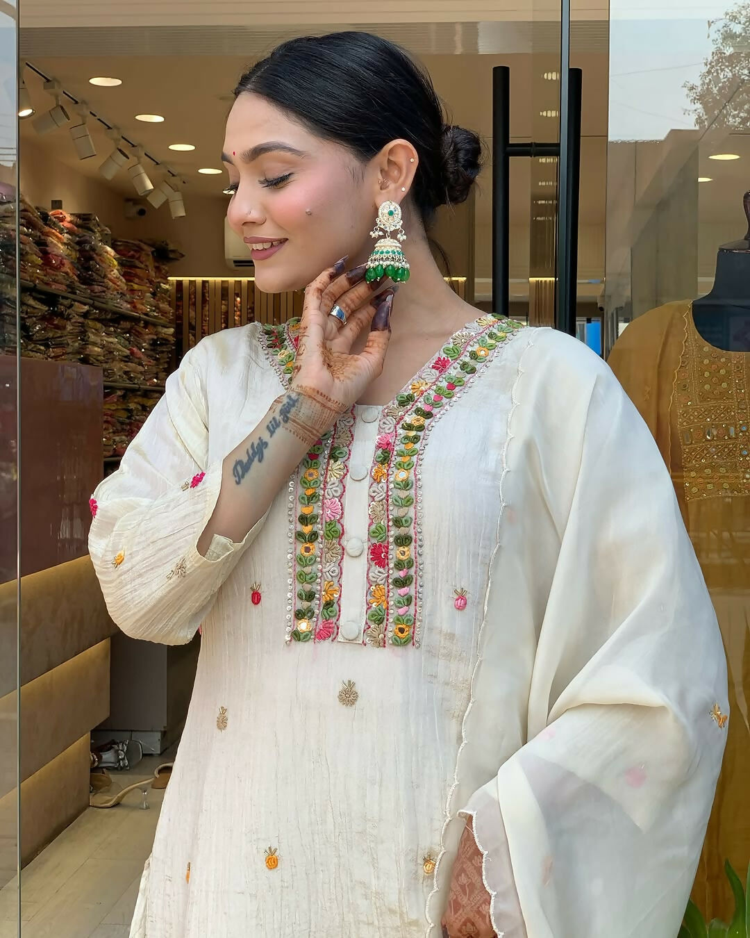 The52 Off White Women's Gorgeous Chinon Fabric Embroidered Work Straight Kurta Pant and Dupatta Set - Distacart