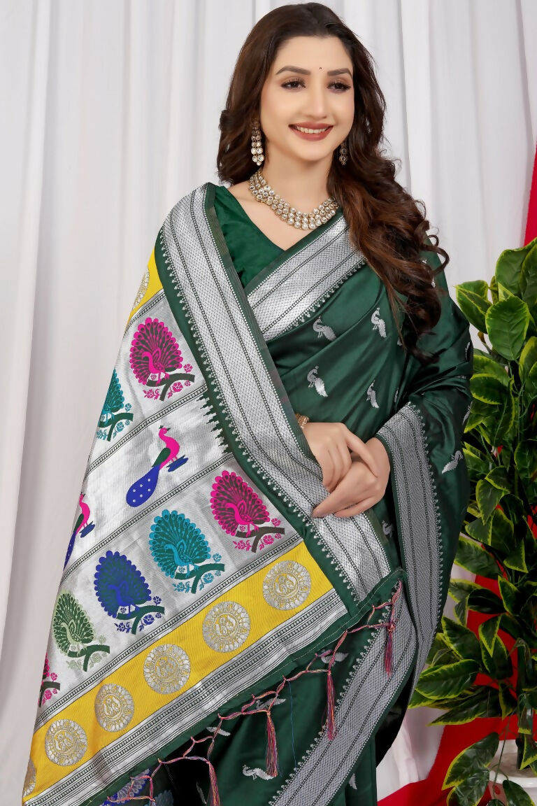 Jyoti Fashion Women's Bottle Green Paithani Silk Zari Woven Saree with Blouse