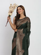 Shree Shyam Fashion Linen Cotton Dark Green Saree - Distacart
