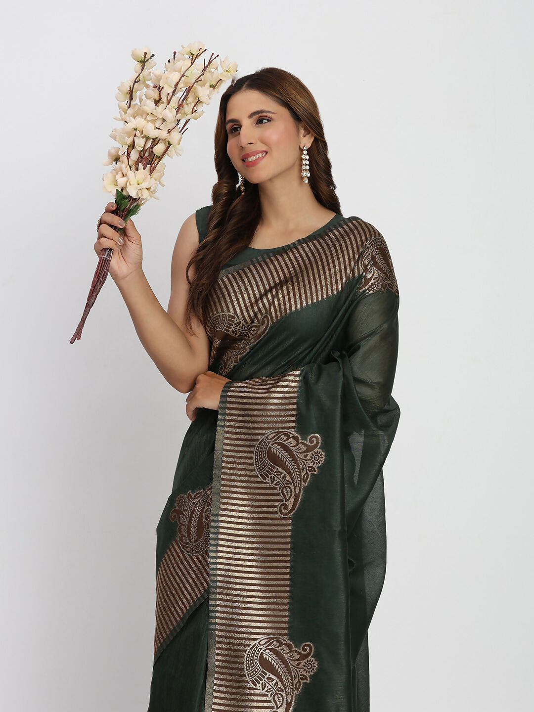 Shree Shyam Fashion Linen Cotton Dark Green Saree - Distacart