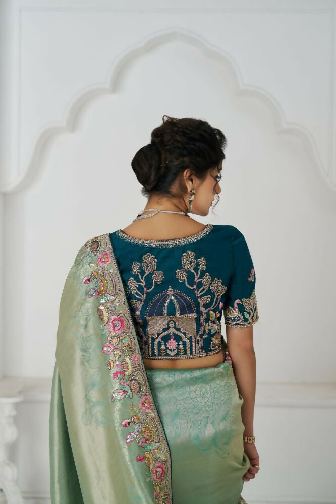 Kesar Fab Trending Reception Green Color With Multi-Thread Embroidery Saree