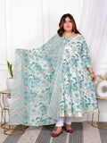 Miravan Women's Plus Size Light Green Cotton Birds And Leaf Floral Printed And Lace Border Details Anarkali Kurta And Dupatta Set