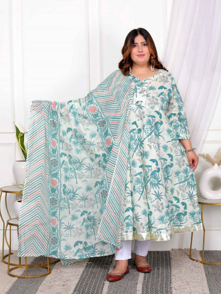 Miravan Women's Plus Size Light Green Cotton Birds And Leaf Floral Printed And Lace Border Details Anarkali Kurta And Dupatta Set