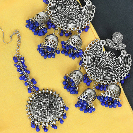 Mominos Fashion Johar Kamal Silver Jhumkas With Maang Tikka Earrings