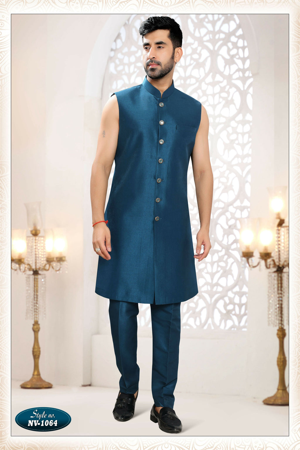 Joban Fashion Men's Blue Straight Silk Thread And Sequence Embroidery All Over 3 Pc Kurta Set