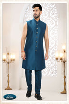 Joban Fashion Men's Blue Straight Silk Thread And Sequence Embroidery All Over 3 Pc Kurta Set