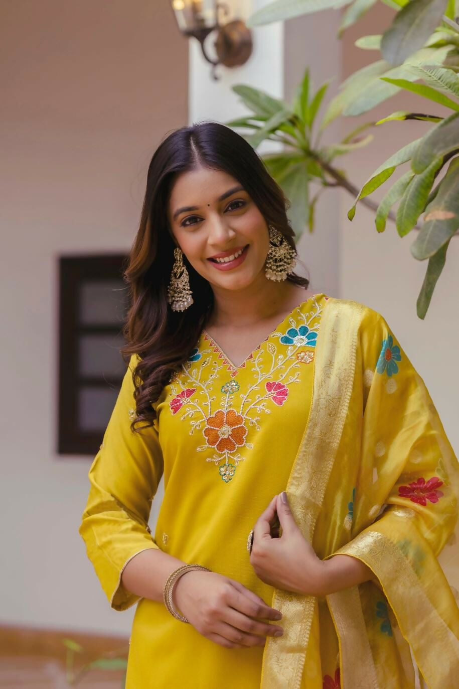 The52 Yellow Women's Gorgeous Embroidered work Viscose Gadhwal Fabric Straight Kurta, Pant and Dupatta Set - Distacart