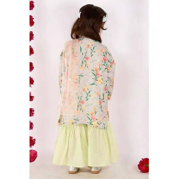 Little Bansi Girls Green Color Floral and lace Work Kurta with Sharara and Dupatta