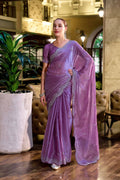 Vastranavya Lavender Embroidery Work Shimmer Chiffon Saree with Unstitched Blouse - Distacart