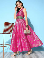 Ahalyaa Women Pink Poly Silk Gold Printed Dress - Distacart