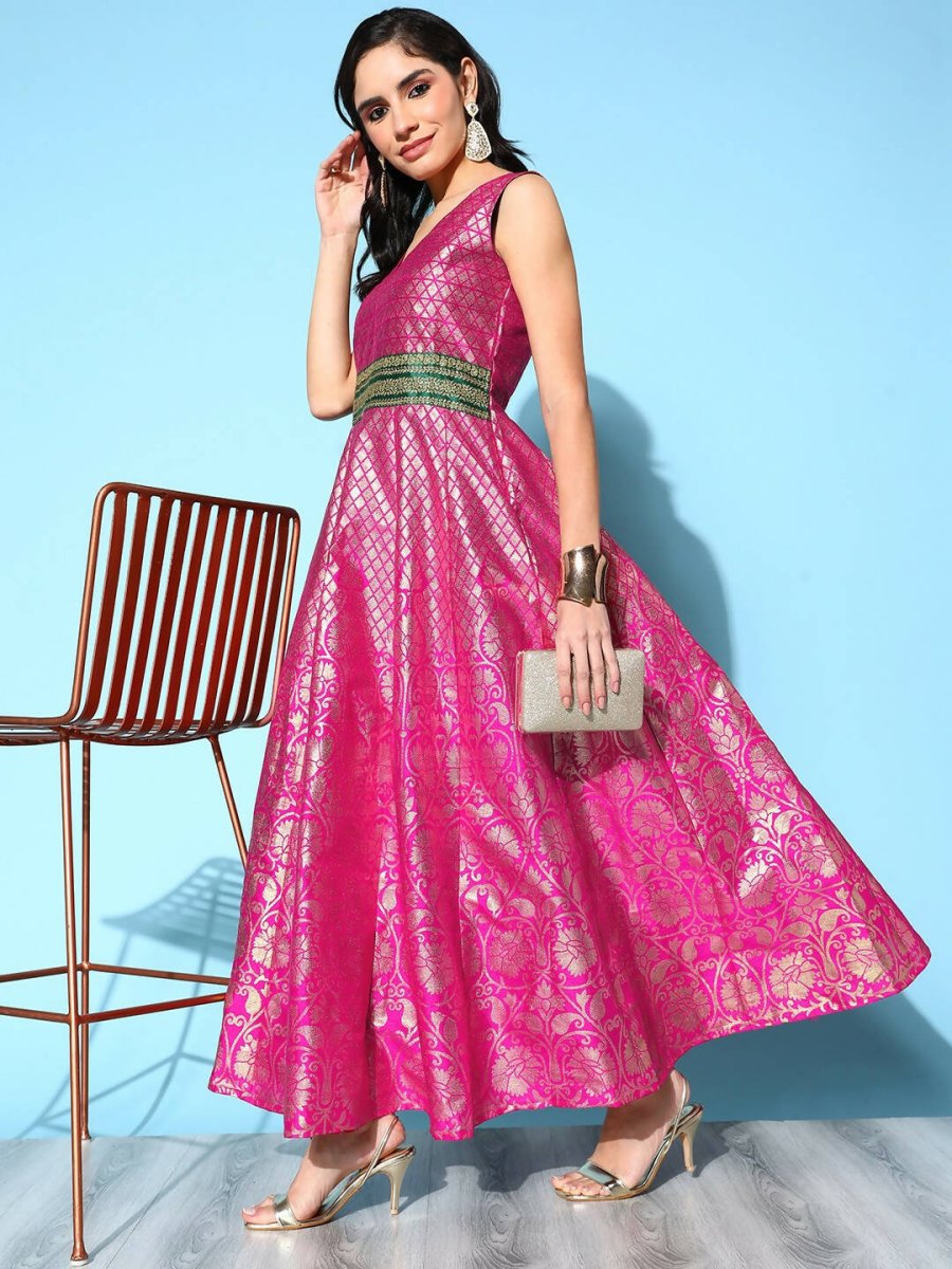 Ahalyaa Women Pink Poly Silk Gold Printed Dress - Distacart