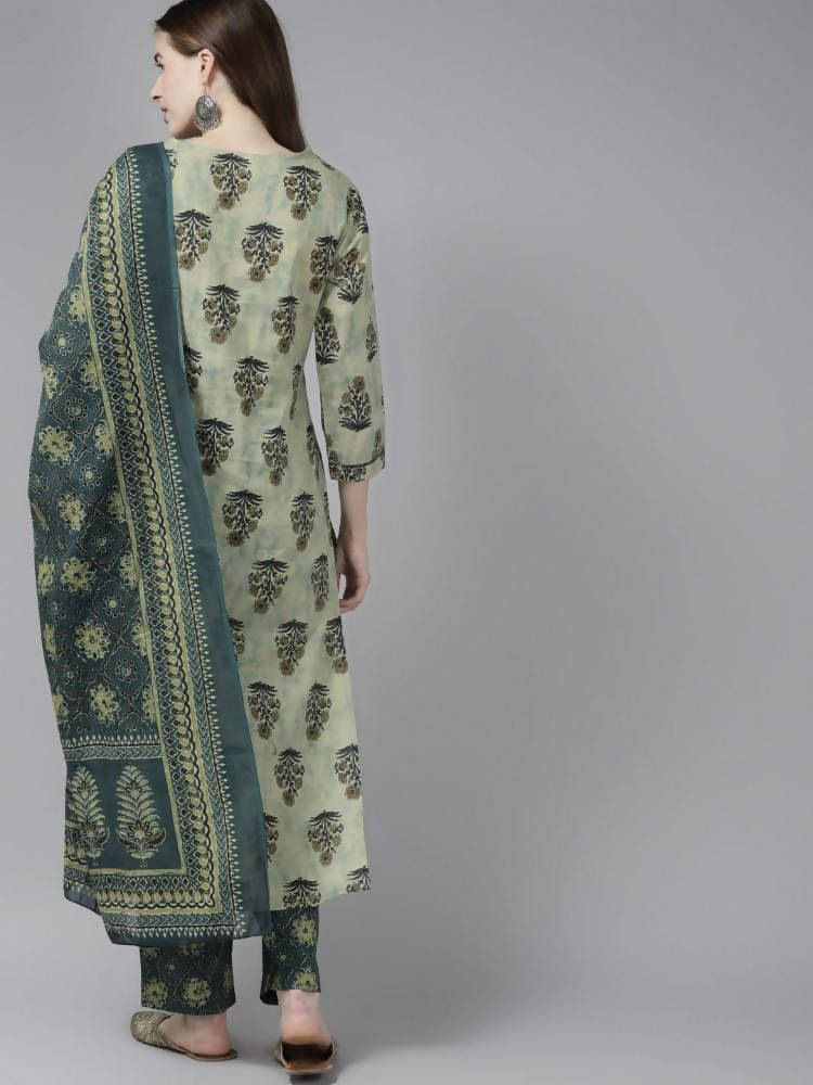 Yufta Women Beige Ethnic Motifs Aari Work Pure Cotton Kurta with Palazzo and Dupatta