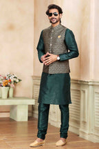 Raivat Ethnic Jacquard Banarasi Silk Woven Work 3 Pics Jacket Set In Green Colour - Distacart