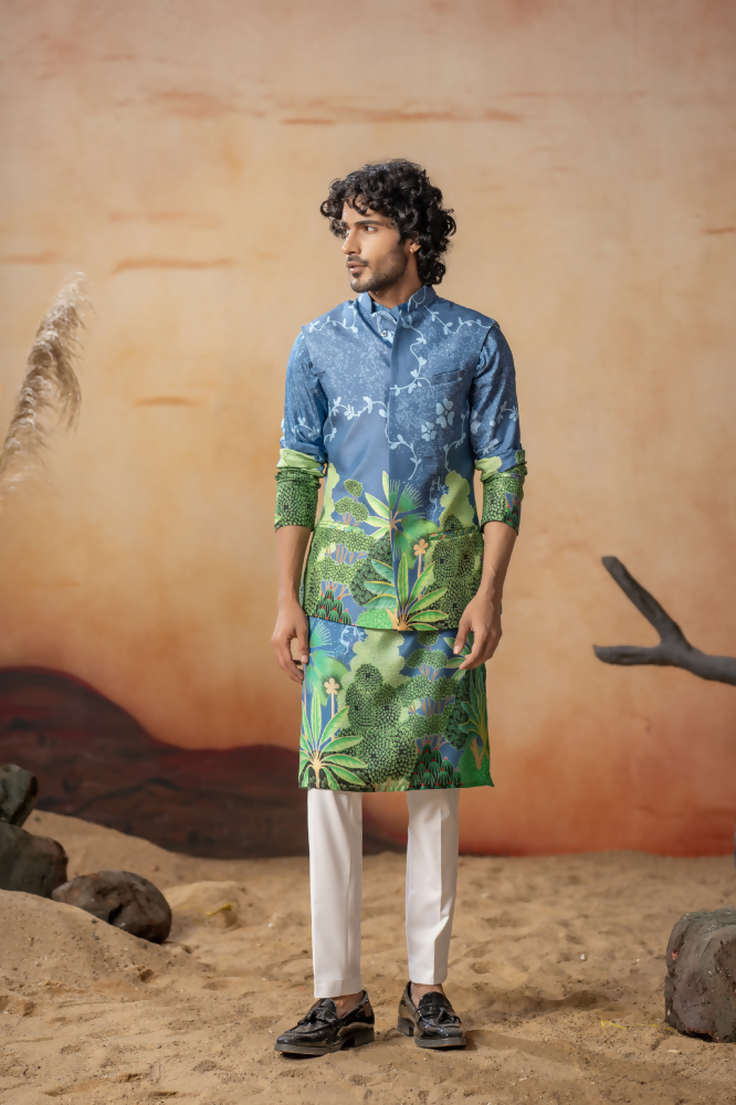 Tree Bark Classy Print Silk Nehrujacket Set by Hilo Design