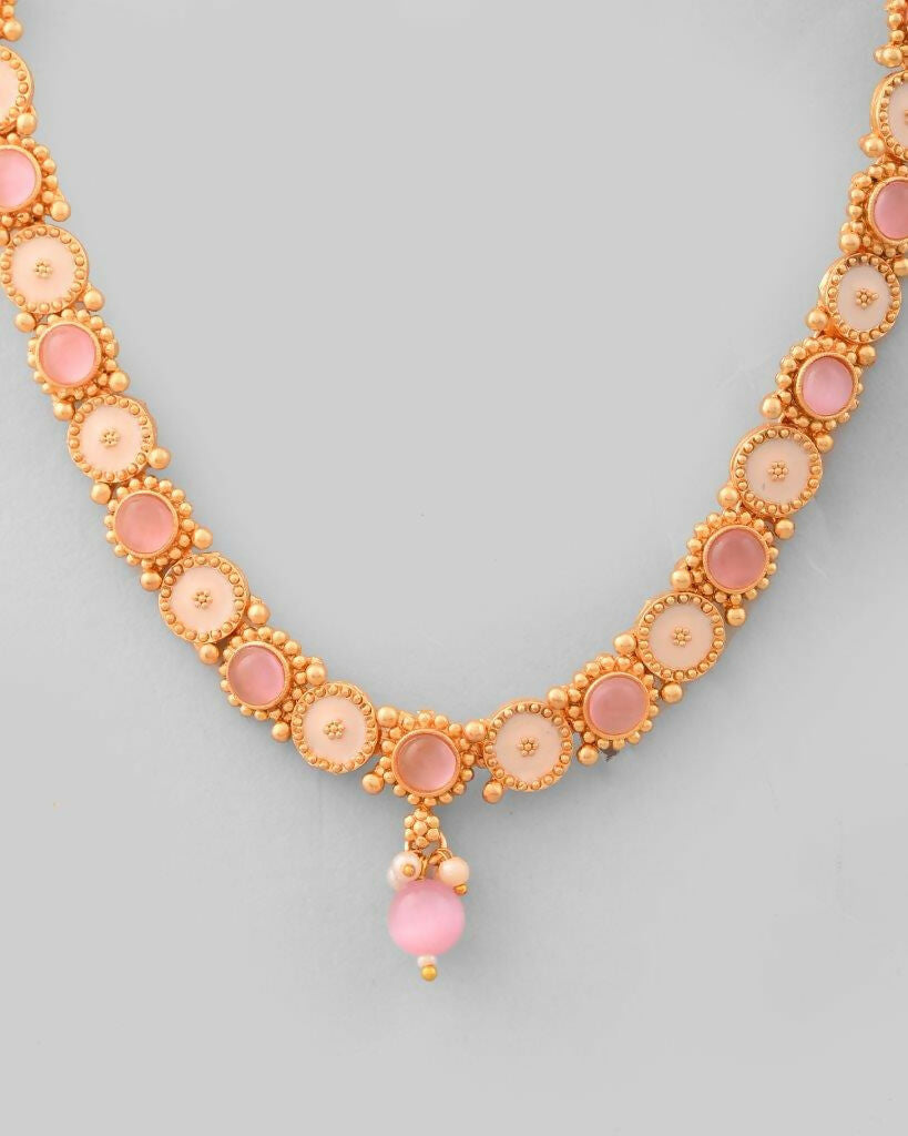 VOJ Gold Tone Pink Stone Studded Jewellery Set