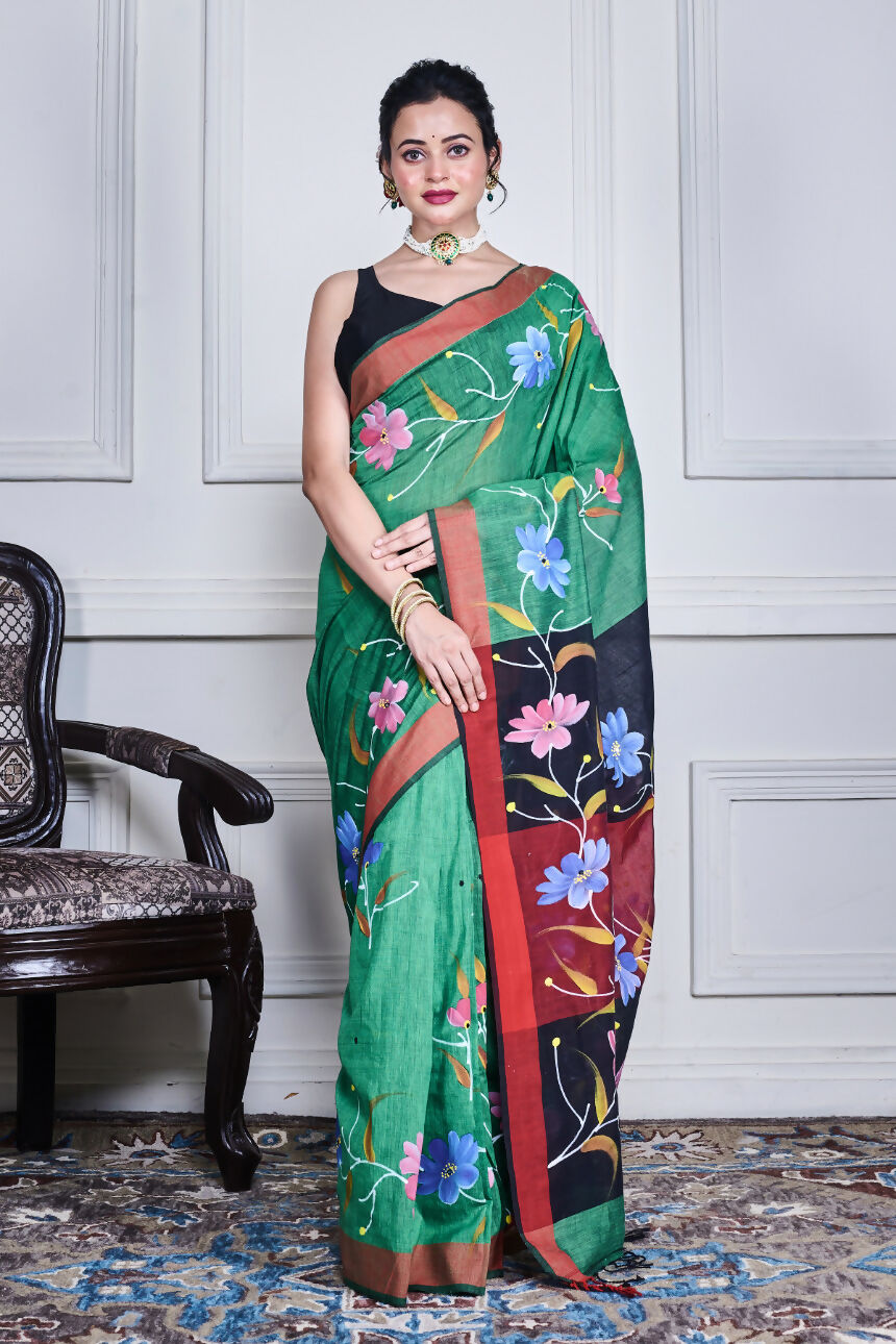 Morchari Multicolour Cotton Handloom Mirror Work Saree Unstitched Blouse - Distacart
