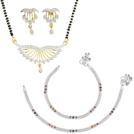 AanyaCentric Gold-Polished Mangalsutra Pendant Earring Set & Silver Plated Anklet
