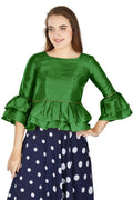 Aastha Fashion Women's Mehendi Art Silk Bell Sleeves attire with Poly Cotton Lining Blouse