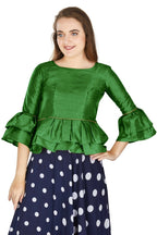Aastha Fashion Women's Mehendi Art Silk Bell Sleeves attire with Poly Cotton Lining Blouse