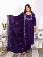 Miravan Womens Plus Size Purple Embroidered Kurta With Palazzo And Dupatta Set - Distacart
