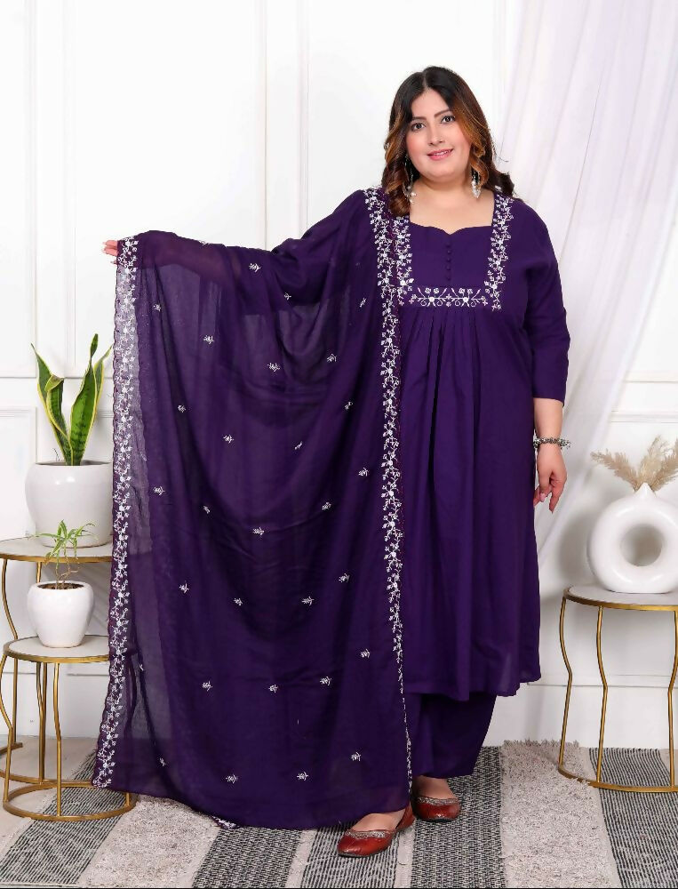 Miravan Womens Plus Size Purple Embroidered Kurta With Palazzo And Dupatta Set - Distacart