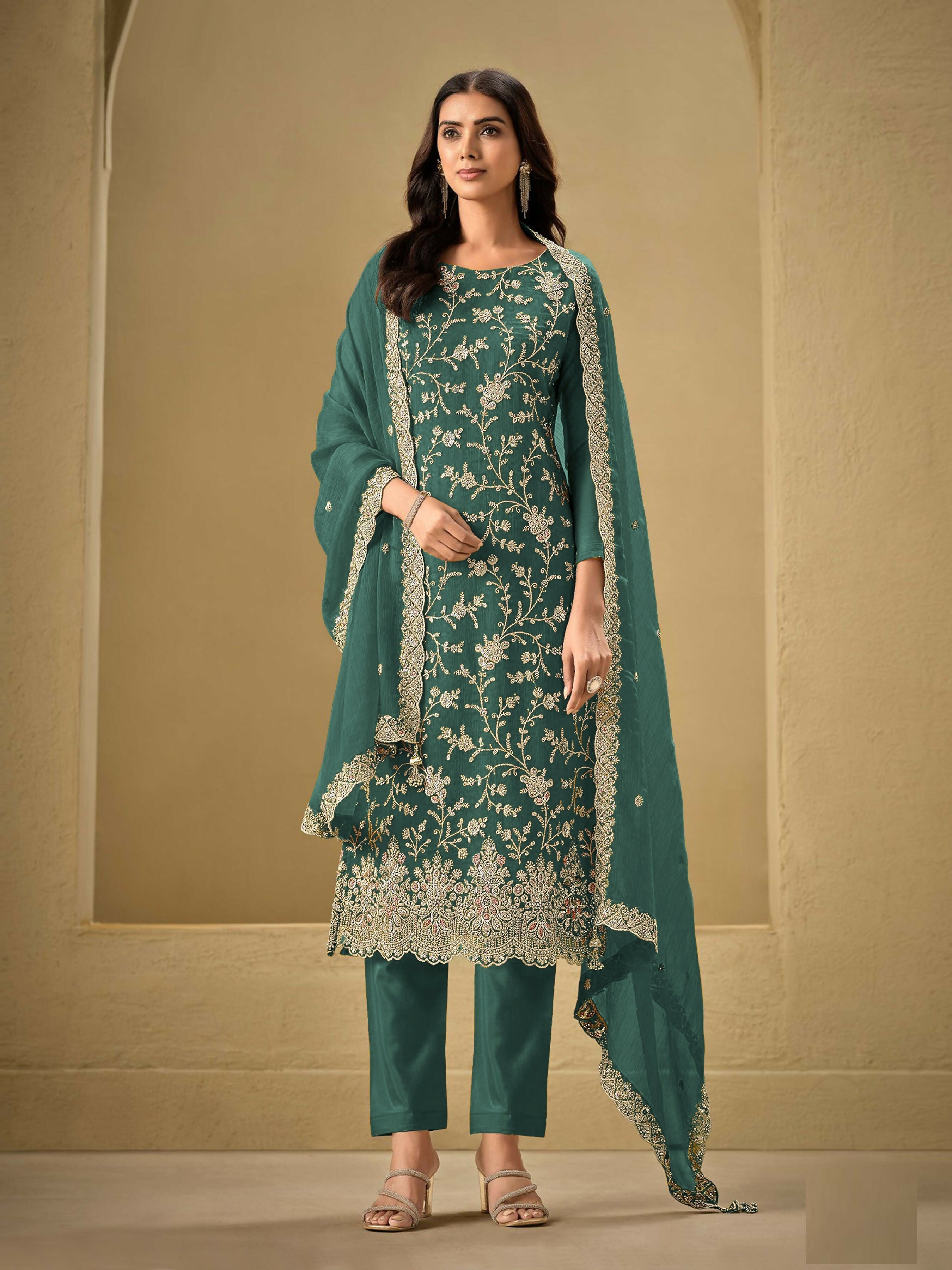 Anaita Teal Green Embroidered Silk Stitched Salwar Suit - Distacart